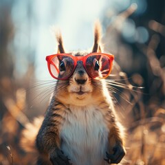 A playful squirrel donning stylish red sunglasses, basking in the warm sun and showing off its furry whiskers, evoking a sense of fun and adventure in the great outdoors