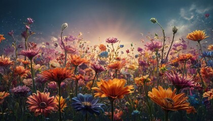 Fototapeta na wymiar Colorful flower field under a radiant sky
