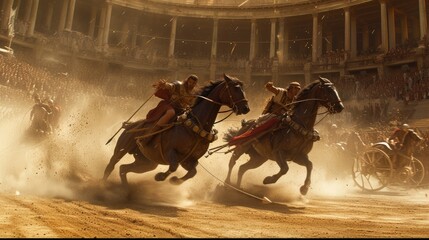 Ancient Racing Rivalry: A Glimpse into Roman Entertainment as Two Chariots Compete in the Historic Circus Maximus Arena, Bringing to Life the Excitement of Ancient Sport.


