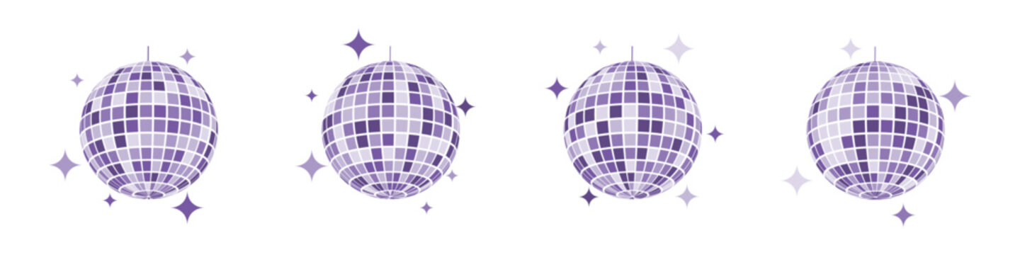 Purple discoball icons. Disco music party mirrorball in 70s 80s 90s retro discotheque style. Shining nightclub globe with glitters. Nightlife, holiday, fun vintage symbol