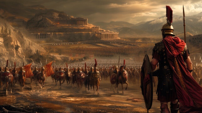 Epic March of Legions: A Centurion Leads Roman Soldiers Across the Ancient Landscape - A Grand Scene of Discipline, Organization, and Triumph in the Glorious Days of the Empire.

