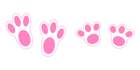 Cute pink bunny feet print. Rabbit paws step on white background. Design elements for Easter party celebration, greeting or invitation card. Vector flat illustration.