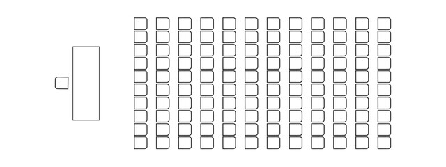 Auditorium seating plan top view. Schema of seats in classroom, lectorium, meeting, conference, training, seminar, business event. Desk and chairs icons. Furniture symbols