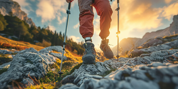 man with prosthetic legs hiking in the mountain