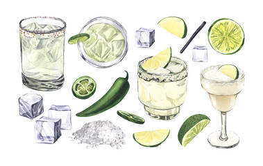 Summer cocktail set, spicy lime margarita in a short glass and salt, ice, jalapeno. Watercolor hand-drawn illustration isolated on white background. Perfect for recipe alcoholic lists with drinks