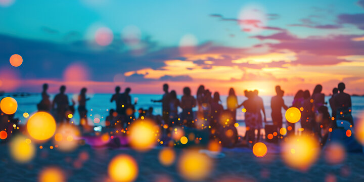 Party beach. Blurred people having night beach party in summer vacation