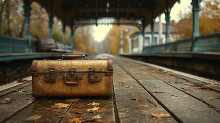 A deserted train station platform with an old-fashioned suitcase left behind, telling tales of forgotten journeys.