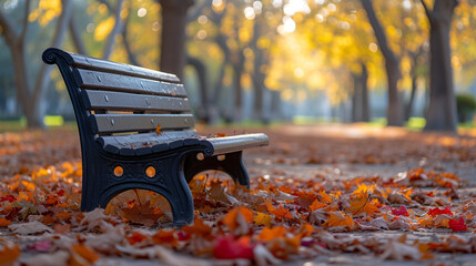 An empty park bench beneath a canopy of autumn leaves, capturing the stillness of a crisp fall day.