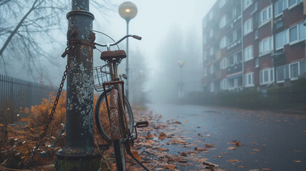 A rusted bicycle chained to a lamppost on a foggy city street, a relic of times past.