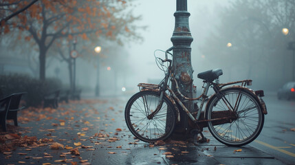 A rusted bicycle chained to a lamppost on a foggy city street, a relic of times past. - obrazy, fototapety, plakaty