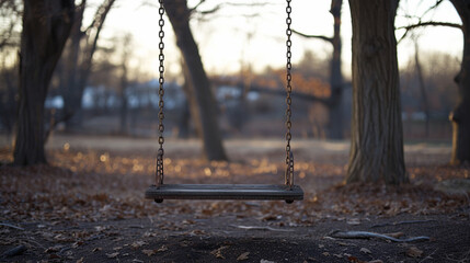 An old swing hanging from a creaking tree in a desolate playground, swaying in the wind.