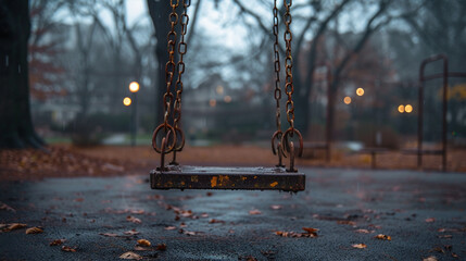 An old swing hanging from a creaking tree in a desolate playground, swaying in the wind.