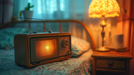 A vintage radio on a bedside table, emitting ethereal static as it captures echoes of bygone broadcasts. - obrazy, fototapety, plakaty