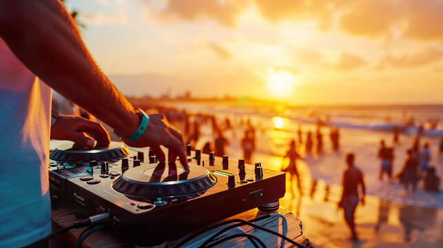  Dj mixing outdoor at beach party festival with crowd of people at sunset