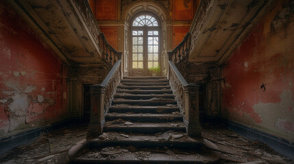 A series of footsteps leading towards an open door in a decaying mansion, inviting curiosity and trepidation.