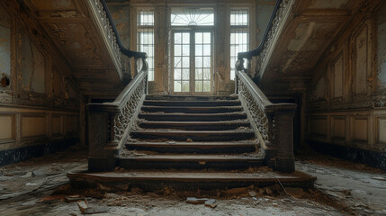 Obraz premium A series of footsteps leading towards an open door in a decaying mansion, inviting curiosity and trepidation.