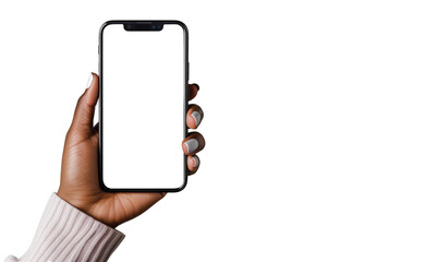 Female hand-holding phone isolated on white, mock-up smartphone blank screen