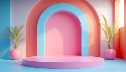 3d rendering of podium and abstract geometric with empty space for kids or baby product