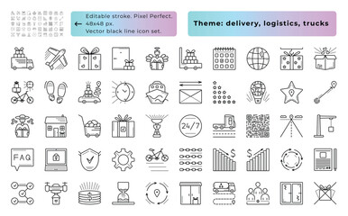 Delivery, logistics, trucks. Vector black line icon set, 50 signs - 48x48 px (editable stroke, pixel perfect) and 300x300 px (not editable stroke, pixel perfect). All pictogram layers have titles.