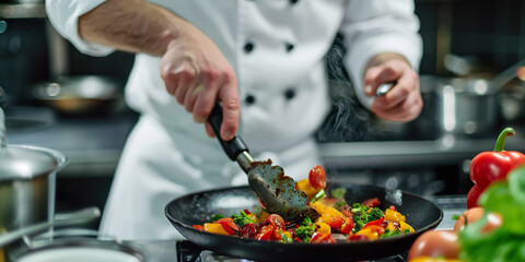 Professional chef in white uniform cooking vegetable