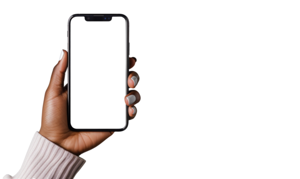 Female hand-holding phone isolated on white, mock-up smartphone blank screen