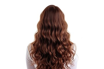 Back view of a girl with beautiful wavy healthy curly long shiny brown hair isolated on white background