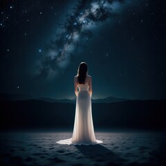 woman stands silhouetted against a luminous backdrop under the vast expanse of the Milky Way, evoking a sense of wonder and solitude