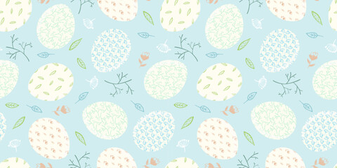 Tender light blue Happy Easter seamless pattern with colorful decorated eggs and herbs for spring holiday textile design, wrapping paper, greeting cards decor