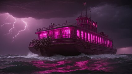 Purple boat being struck by a lightning