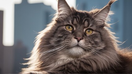 A gray long haired cat looks away from the camera