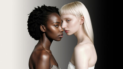 Black African model facing albino woman, on gradient contrast background with copy space