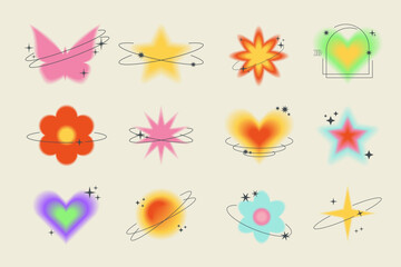 Y2k aesthetic blurred gradient aura hearts with linear circles, stars. Trendy set of modern blurry figures in brutalism style. Romantic transparent heart elements for social media background