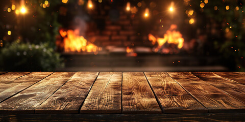 Rustic empty wooden table with bbq flames burning