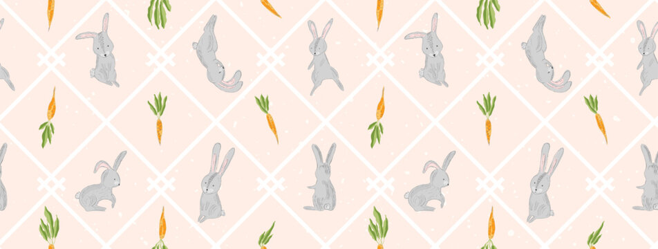 Tender pastel peach baby seamless pattern with cute gray Easter rabbits and carrots in rhombus for kids textile design, wrapping paper, surface, Spring holiday banner