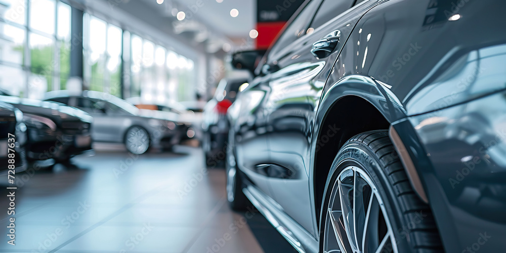 Wall mural Selective focus grey car parked in luxury showroom