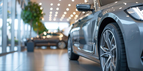 Selective focus grey car parked in luxury showroom - obrazy, fototapety, plakaty