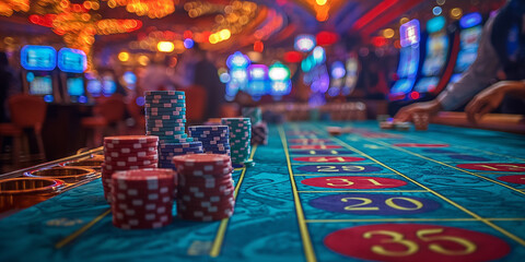 Casino roulette, chips, playing cards, poker, playing table, slot machines - obrazy, fototapety, plakaty