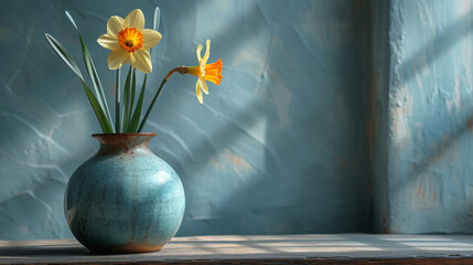 Vivid Daffodils Blooming in Rustic Blue Vase, Textured Backdrop