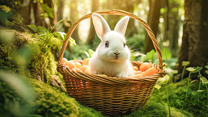 Easter bunny in enchanted forest, seeking eggs, sunny day, festive ambiance.