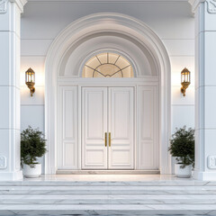 Main white door to the luxury house with minimalistic decoration, beautiful elegant entrance to the house, modern and elegant door, Spring time, Mockup