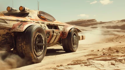 Fotobehang Vintage futuristic vehicle drives on desert, rover race on space planet like Mars, fantastic movie scene with sports car. Concept of fantasy world, dystopia, steampunk and future © scaliger