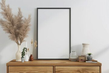 Frame mockup picture on dresser against white wall in minimalist room, detail of Scandinavian interior with blank poster and wooden chest of drawers. Concept of home design, apartment