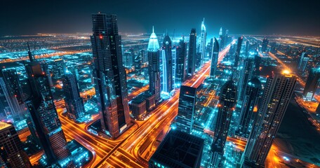 glowing night city with high-rise buildings  - obrazy, fototapety, plakaty