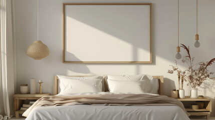 Frame mockup picture on white wall in bedroom, detail of modern room interior with blank poster, bed, linen and pillows. Concept of Scandinavian home design, sunlight