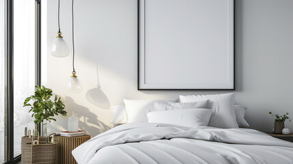 Frame mockup picture on white wall in bedroom, detail of modern room interior with blank poster, bed, linen and pillows. Concept of home design