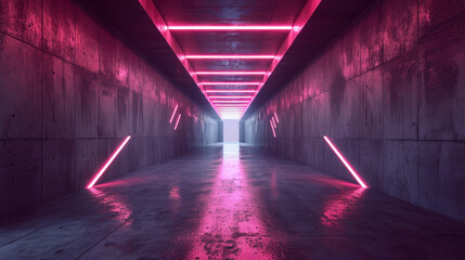 Concrete neon tunnel background, abstract empty garage with lines of led pink light, perspective of modern dark grungy hallway. Concept of grunge, room, warehouse, interior, hall - obrazy, fototapety, plakaty