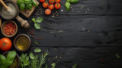 Food photography of healthy ingredients, including fresh tomatoes, coriander and olive oil, on a black wood background with copy space. - obrazy, fototapety, plakaty