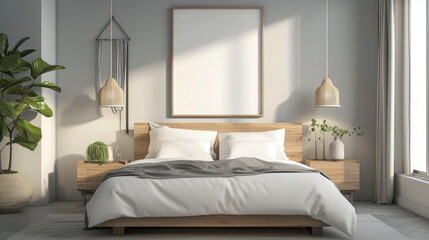 Fototapeta na wymiar Frame mockup picture on wall in minimalist bedroom, detail of Scandinavian room interior with white blank poster, bed, plants and pillows. Concept of home design, mock up