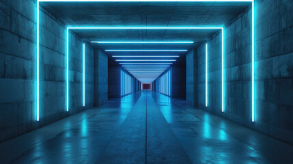 Neon concrete garage background, abstract empty tunnel with lines of led blue light, perspective of...