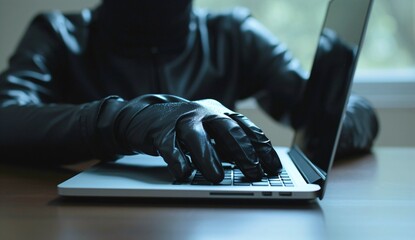 hacker working on computer, cybercriminal in black clothes put his hand in a leather glove on the computer keyboard  - obrazy, fototapety, plakaty